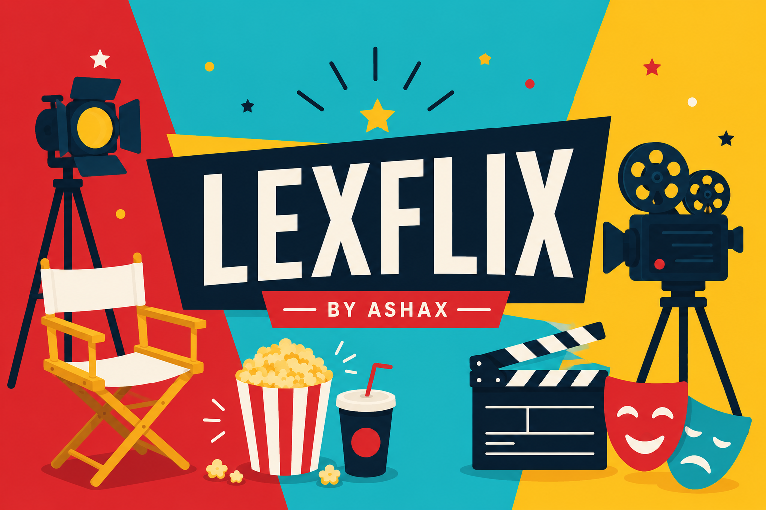 LexFlix by Ashax — silla de director, palomitas, cámara, claqueta y máscaras de teatro